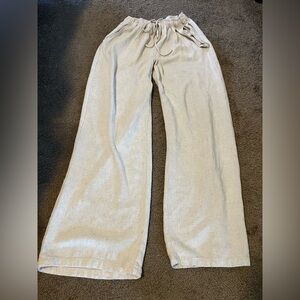 Linen Blend Drawstring Pants Pockets Beach Elastic Waist Oatmeal Beige Cream